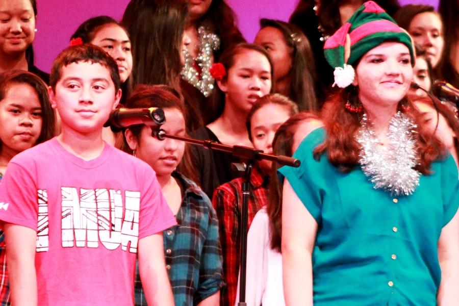 Brennan Mendez (eighth grade) and Pualalea Barrows (senior) both had solos in O Holy Night, the last song at E Oliʻoli Kākou: A Christmas Concert at Keōpūolani, Dec. 12, 2013.