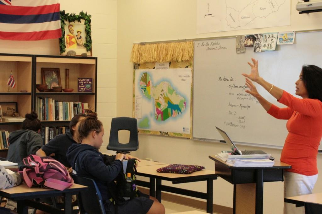 Kumu Kapulani Antonio engages her Hawaiian History class in a discussion about the overthrow of the Hawaiian monarchy. Kumu Kapulani covers the overthrow, as well as events leading up to it in detail in preparation for the anniversary of Queen Liliʻuokalanis abdication, January 17, 1893.