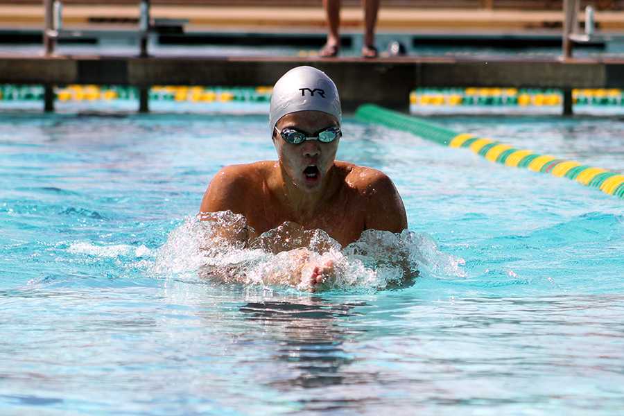 Senior Mikaele Kane swims the breast stroke during the mens 200-yard medley relay at the MIL competition, Feb. 1, 2014, at Kīhei Aquatic Center. The Maui Warriors came in first place for this event.