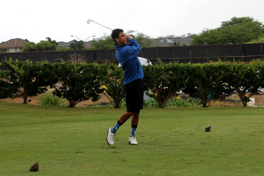 Senior Lucas Park hit a short ball off the tee, but still made par on the hole during the Kamehameha Maui match against Seabury Hall, March 14, 2014, at the Dunes at Maui Lani. The Warriors won, bringing their record for the season to 7-0.