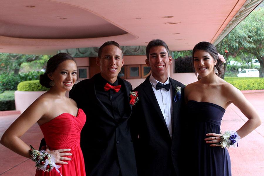 Mele AhYou, Mitchel Dutro, Lucas Park and Emma Yen arrive dressed in formal spy-theme dress at Final Countdown, the senior ball, last night, April 5, 2014, at the King Kamehameha Golf Club.