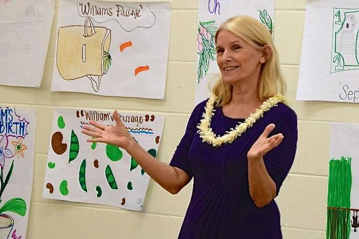 Ms. Deborah Iida, author of the novel Middle Son, visited the sophomore English classes, Oct. 3, 2014, at Kamehameha Maui to talk about her book, which they had just finished reading.