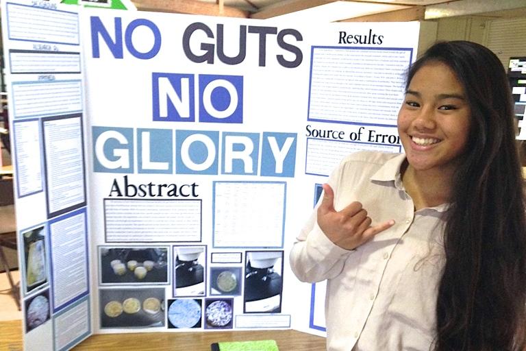 Megan Miguel displays her project at the 56th Maui Science and Engineering Fair, February 5, 2015. One KS Maui team, Preston Watanabe and Macie Tawata, came away with an honorable mention in the schools first year of participation.