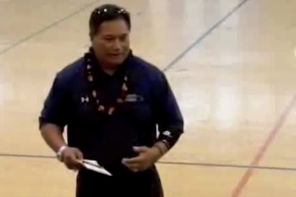 Mr. Afoa speaking at Maui High in May.