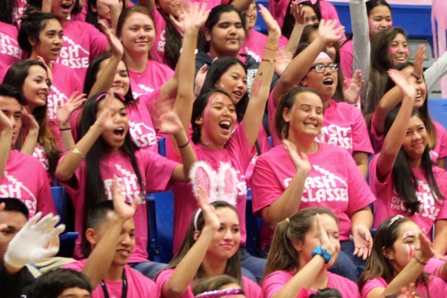 Seniors Pohaikealoha Artates, Chantell Sakamoto, Ayla Forsythe, and Aeris Joseph-Takeshita wave after singing farewell in their class cheer routine. The class of 2016 took the spring spirit week “Clash of Classes” competition, winning both Step and Battle of the Bands.
