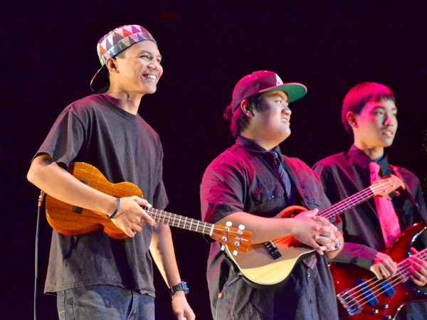 Musicians Justin Delos Santos, Blake Fukumoto, and Lukela Kanae from the senior class bring it home in the Battle of Bands, Tuesday, Feb. 2, at Keōpūolani Hale as part of the spring spirit week festivities.