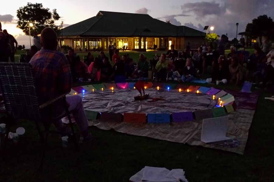 A Polynesian star compass is laid out on the quad of Kamehameha Schools Maui. Students, staff, and members of the public were invited to learn from Pāʻanakalā Baybayan-Tanaka about voyaging, star navigation, and expanding lāhui as part of the schoolʻs Huliau Film and Lecture Series, Thursday, Sept. 28.