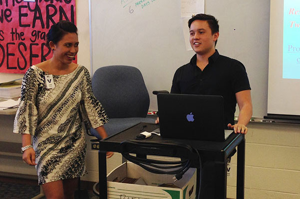 Luʻukia Nakanelua and Mark Suzuki of William S. Richardson School of Law at the University of Hawaiʻi at Mānoa give a presentation on the First Amendment Friday in Business Law class. The timing coincided with Free Speech Week.