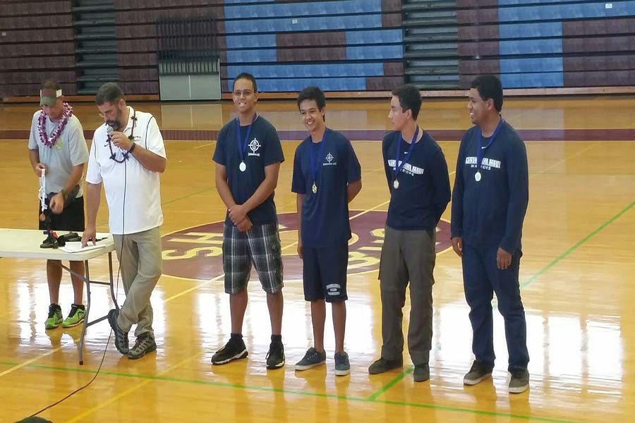 Sophomore Kody Cambra, junior Jacob Julian, sophomore Joshua Grant, and senior Cole Tancayo are the first-place team in Maui Interscholastic League air riflery. Koday Cambra also place first in the individual standings at the league championships Saturday, Oct. 15 at Baldwin High School.