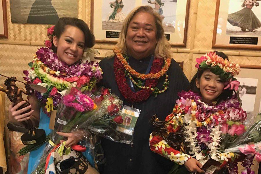 Nobriga with Uluwehi Guerrero and Hoʻohieokala Yoshiko Ann Luna-Beamer after the awards were announced. Kamehameha Maui junior Jaelynn Nobriga won the Overall Wahine Award at Hula o Nā Keiki, Saturday, Nov. 12, at Kāʻanapali Beach Hotel.