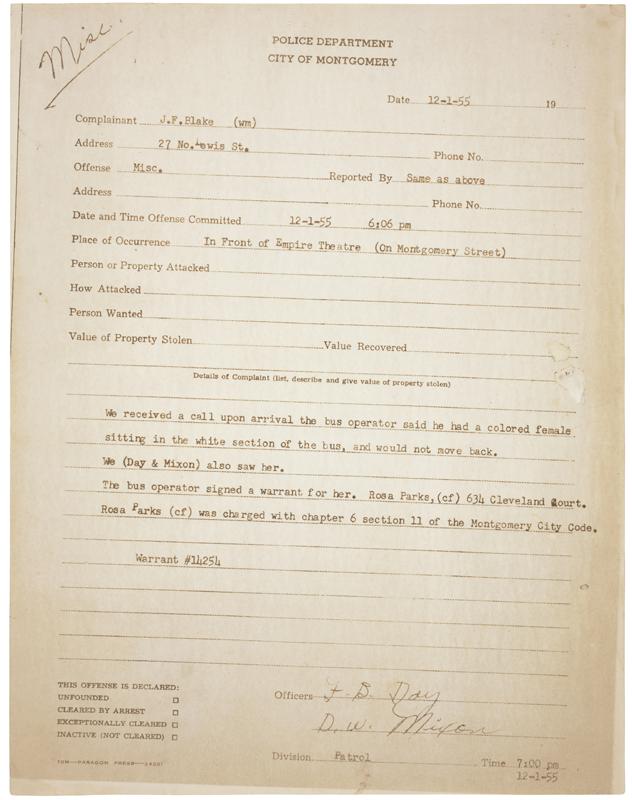 Rosa Parks police report when arrested on December 1, 1955.