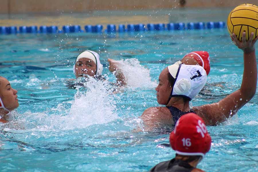 Freshman Selafina Ngalu launches ball attempting a goal. Lahainaluna won Saturdays water polo game against the Maui Warriors, 8-3.