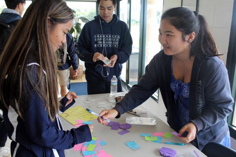 Allies for Equality president Sherri Nagamine hands a compliment to senior Kennedy-Kainoa Tamashiro. Nagamine and A4E honored National Compliment Day by handing out compliments to students in the dining hall, Jan. 24.
