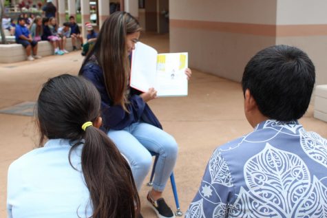 Senior Kennedy-Kainoa Tamashiro reads "If I Ran the Zoo" to third graders after lunch.