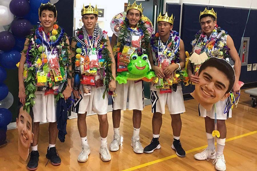 Peters celebrates senior night for boys basketball with seniors Kaimana Gerard, Blayde Demello, Kahaʻi Bustillos, and Ronson Iniba.