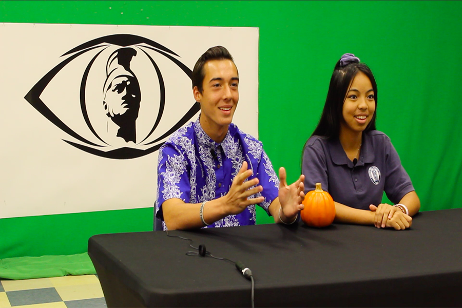 Gabriel Arcas and Raelynn Yoshida host the morning broadcast, Friday, November 1. The hosts of the show vary from week to week, and others who have hosted include Sofia Stupplebeen, Max Bielawski, Pearl Bachiller, and Ethan Fisher, with senior Marie Abihai making regular appearances to do the morning devotional and prayer.