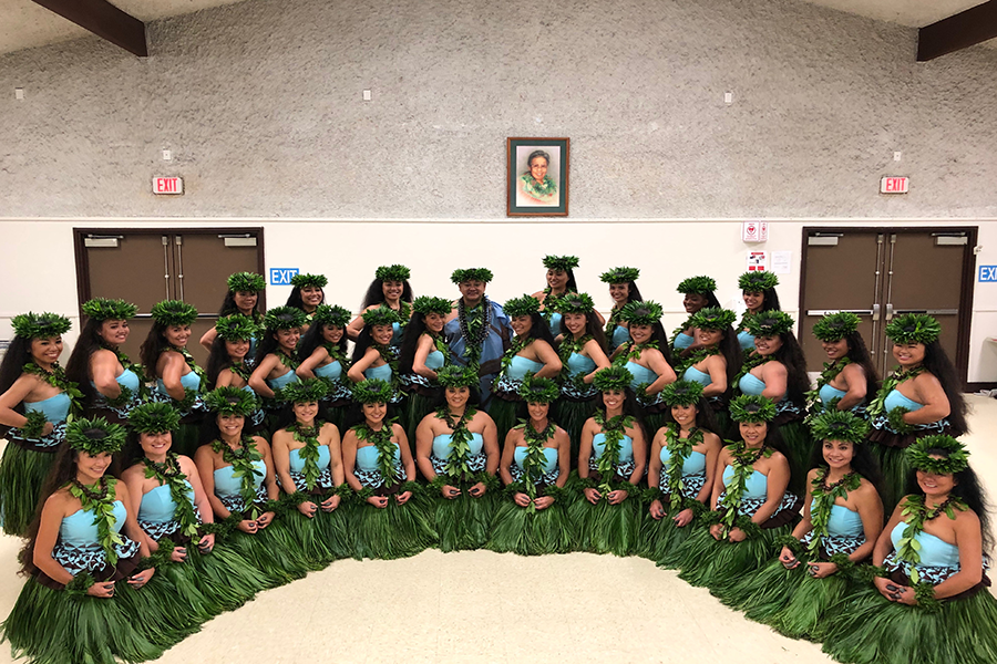 Hālau O Ka Hanu Lehua smiles with joy after performing Hanohano ʻO Maui Nui A Kama at the 2019 Merrie Monarch Festival. Look, there I am!