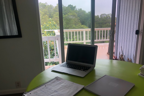 The first week of distance learning is over. This is Arianna Rioss work area at home. Students have been asked to work at a table in a quiet setting in order to focus.