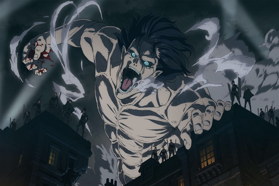 Eren Yeager in his transformed state as the Attack Titan, along with members of the Survey Corps, attack Liberio after Willy Tybur declares war on Paradis.