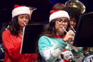 Courtesy of Jared Pendergraft. Chamber Band members sophmore Kuʻumomimakamae Campos (left) and senior Charlene Vierra show off their skills on the trumpet. Vierra is also the Student Band Director and has arranged many songs for the band to play.