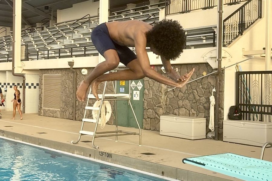 Junior Abou Diallo is caught midair as he practices positioning himself for an inward dive for this weekend's meet, a first outing for the newly formed KS Maui dive team. Photo courtesy of Coach Anthony Venticinque