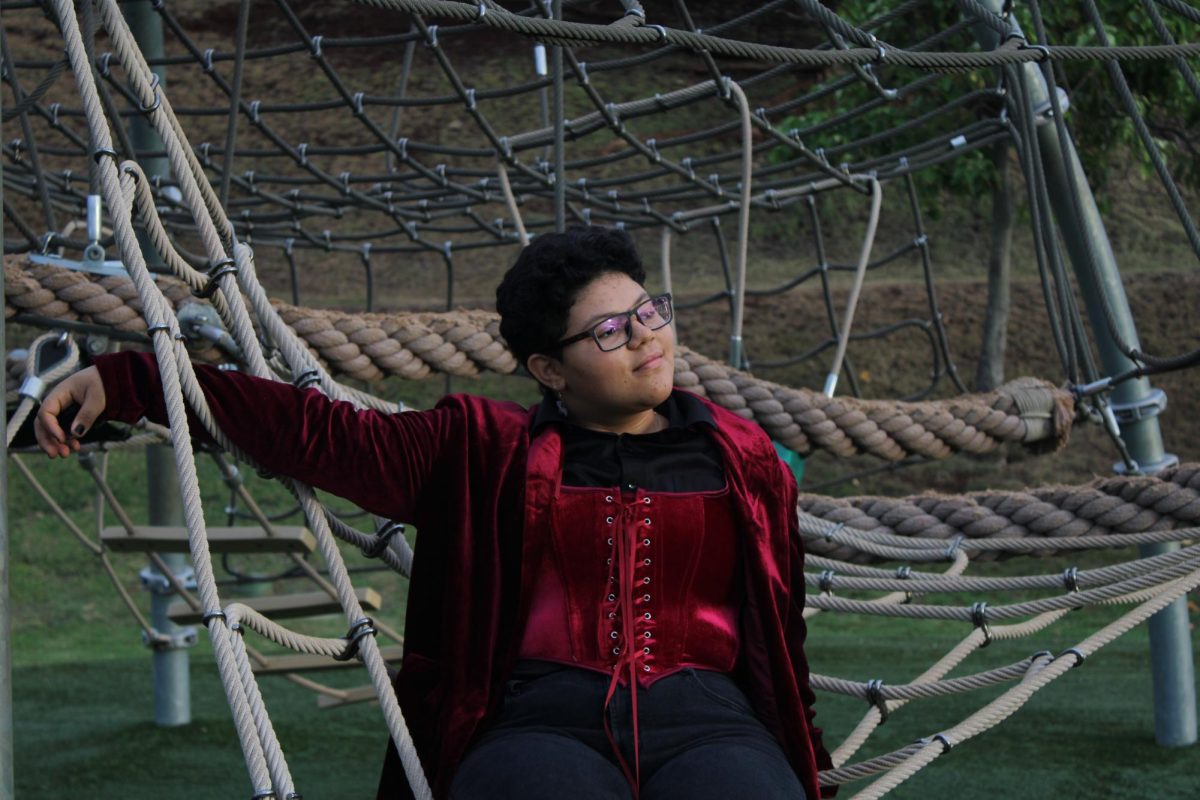 Moss, a man wearing a red velvet blazer and red velvet corset with a black shirt and black pants sits on a rope bridge in a playground. He is staring into the horizon.